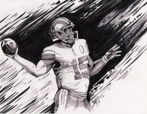 CS021: Patrick Mahomes Pen + Ink Illustration (Framed After Purchase)