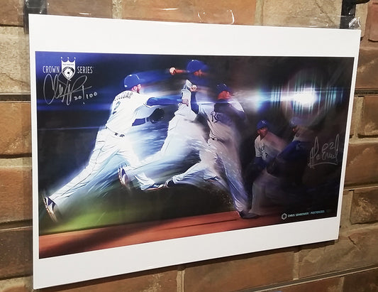Throwing Lasers - Signed by Alcides Escobar: 13x19" Paper Print